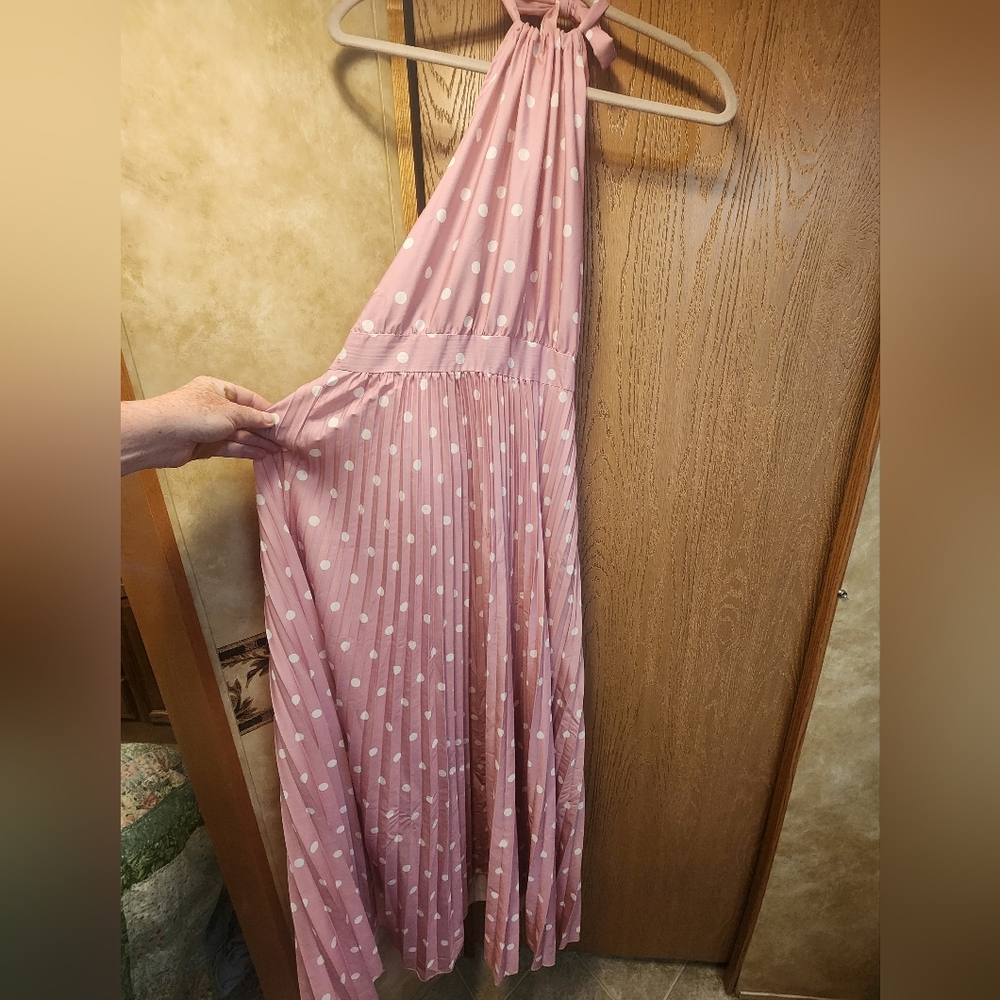 Summer Rose pink white polka dot dress Halter, Backless, size L